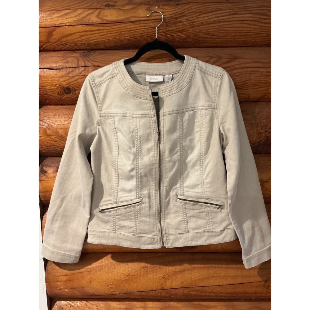 Chicos Womens Tan Beige Denim Jacket Full Zip Collarless Size 0 XS S